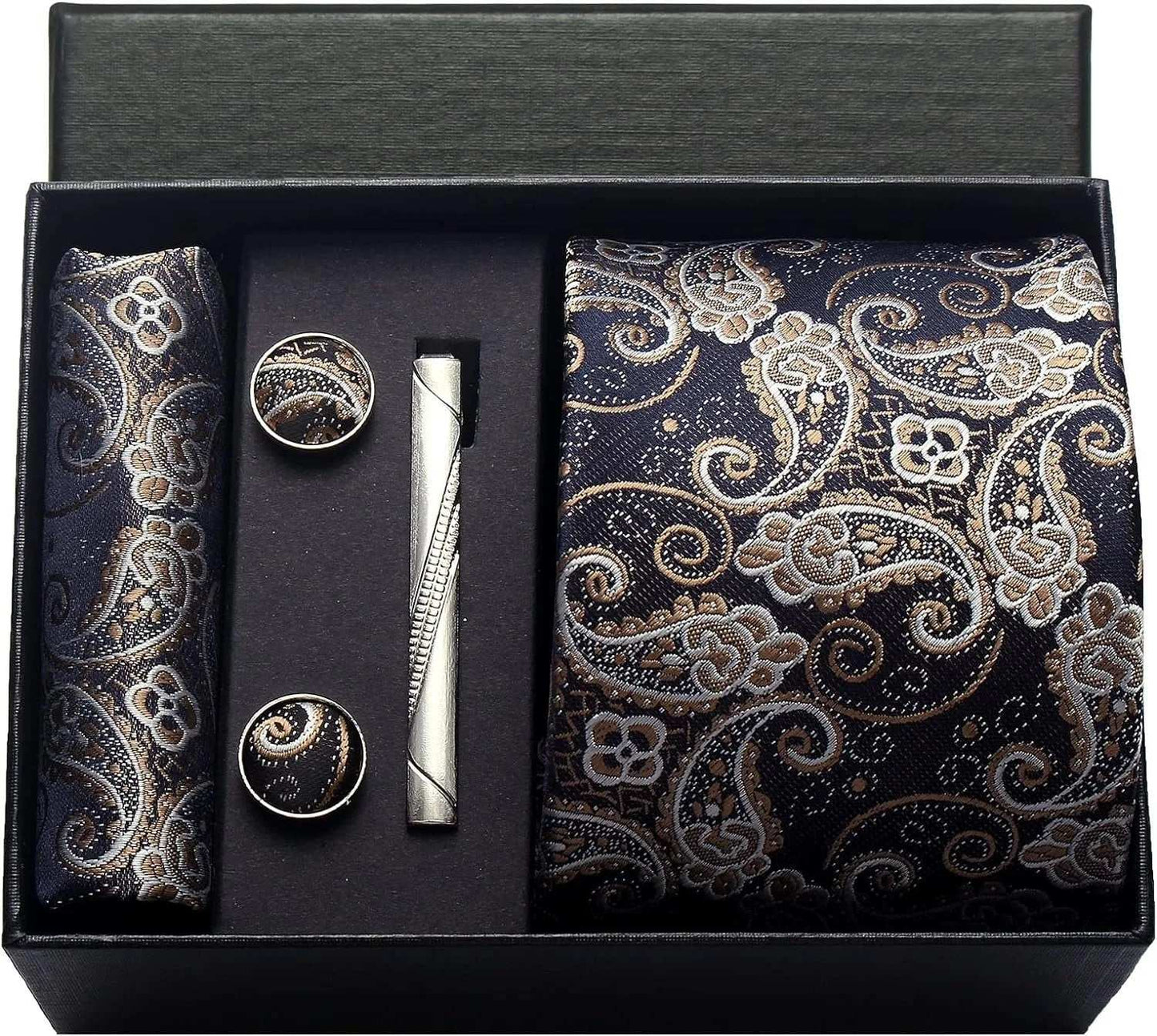Men's Luxury Silk Paisley Floral Necktie, Pocket Square, Clip & Cufflinks Set - Lovez Aqua© - BV4