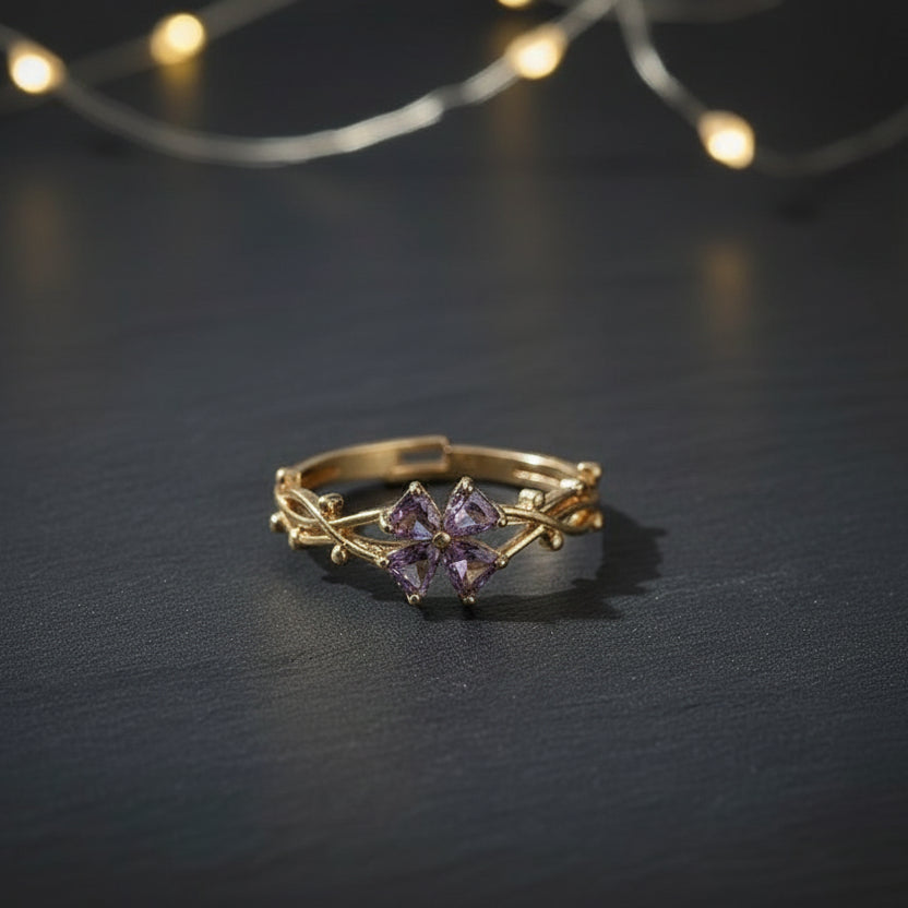Elegant Gold Plated Ring with Marquise-Cut Amethyst Flower & Twisted Band - Lovez Aqua© - Default Title