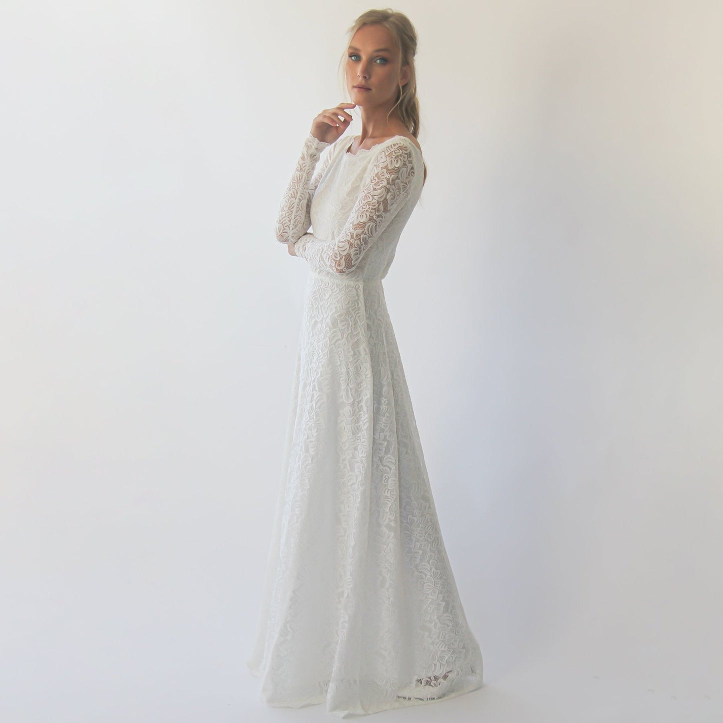 White Boat Neckline & Long Bell Lace Sleeves Modest Wedding Dress - Lovez Aqua© -