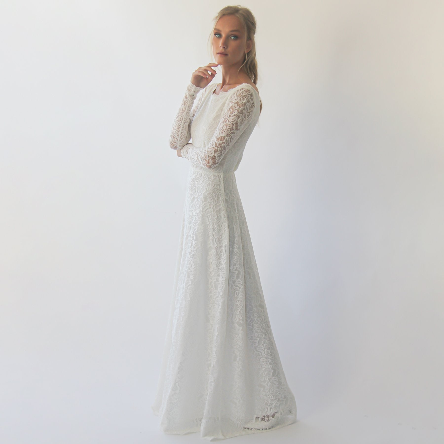 White Boat Neckline & Long Bell Lace Sleeves Modest Wedding Dress - Lovez Aqua© -