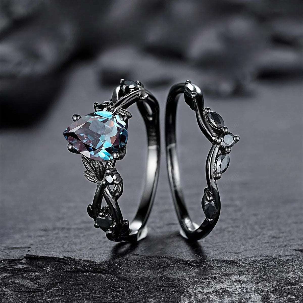 Gothic Black Gold Blue Waterdrop Zircon Rings with Black Rhinestone (2 Pieces) - Lovez Aqua© -