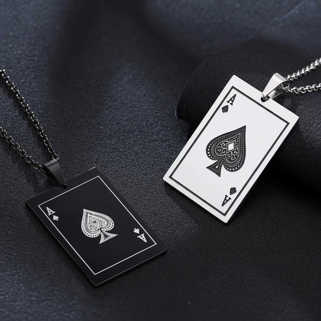 Men's Ace of Spades Poker Card Stainless Steel Dog Tag Necklace - Lovez Aqua© -