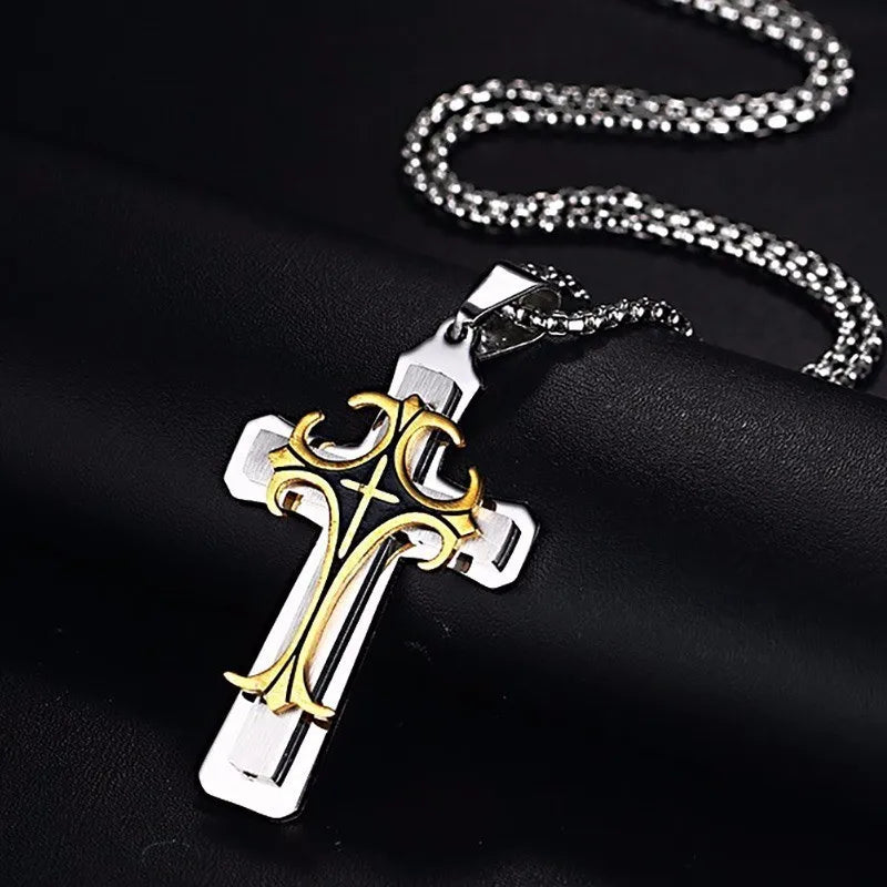 Men's Thick Engraved Stainless Steel Cross Pendant Necklace - Lovez Aqua© - Gold Silver