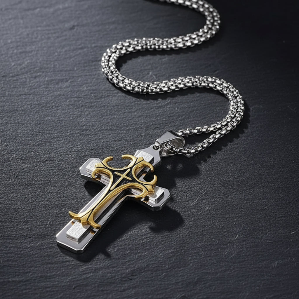 Men's Thick Engraved Stainless Steel Cross Pendant Necklace - Lovez Aqua© - Gold Silver