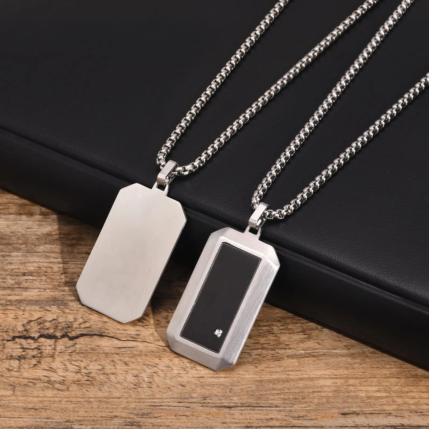 Men's Stainless Steel Patterned Rectangle Dog Tag Box Chain Necklace - Lovez Aqua© - 8 / 50cm