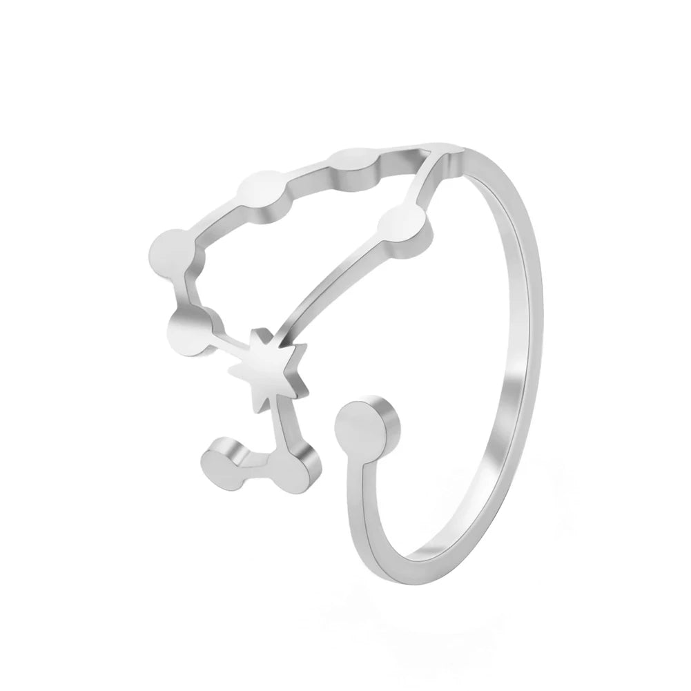 Women's Zodiac Star Signs Constellation Stainless Steel Adjustable Open Ring - Lovez Aqua© - Leo Steel