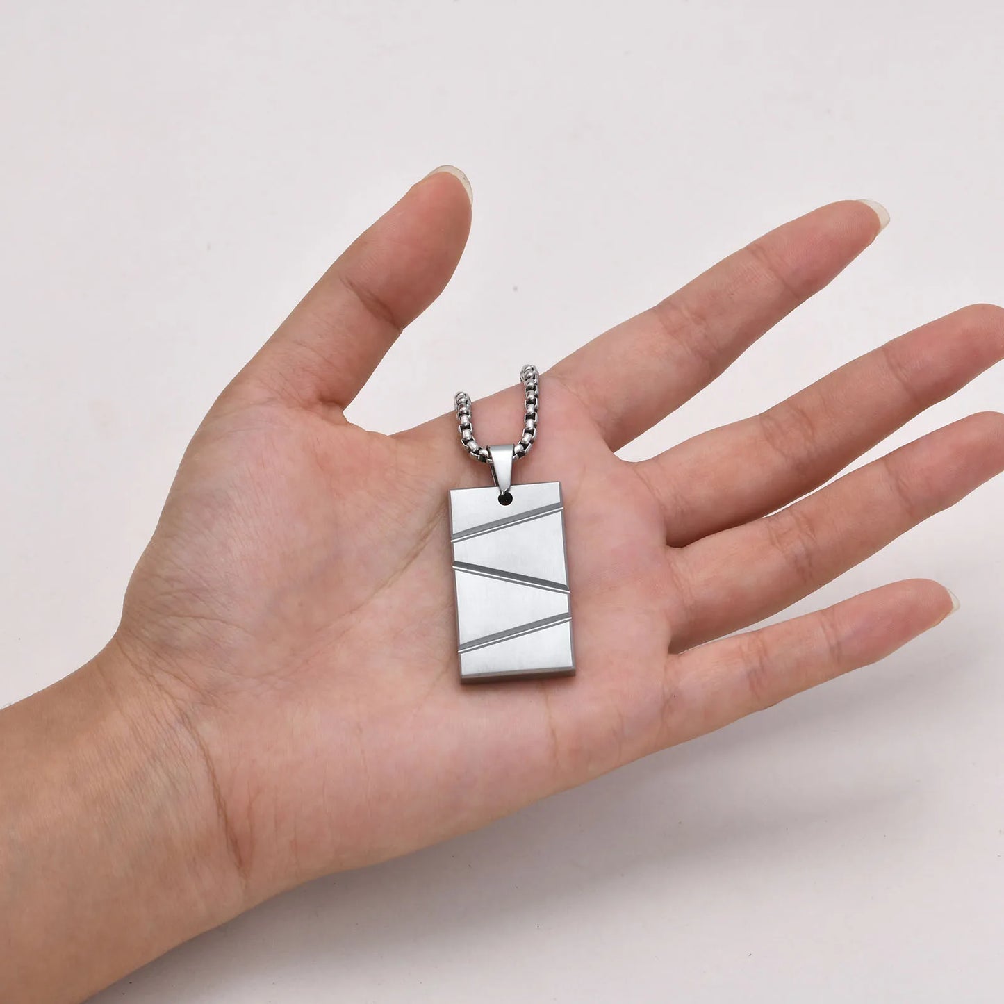 Men's Stainless Steel Patterned Rectangle Dog Tag Box Chain Necklace - Lovez Aqua© -