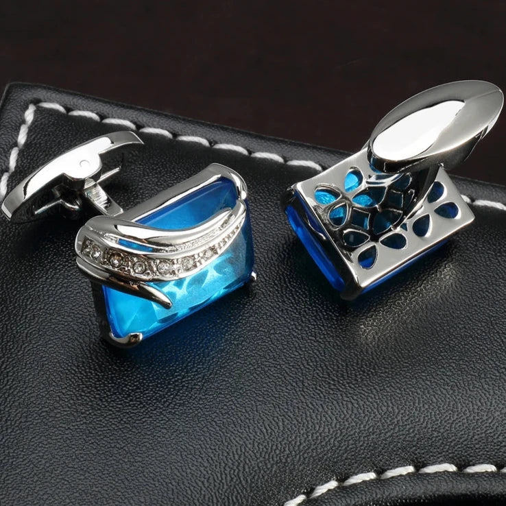 Men's Luxurious Gold Crystal Glass Rectangle Cufflinks with Rhinestone Accents - Lovez Aqua© -