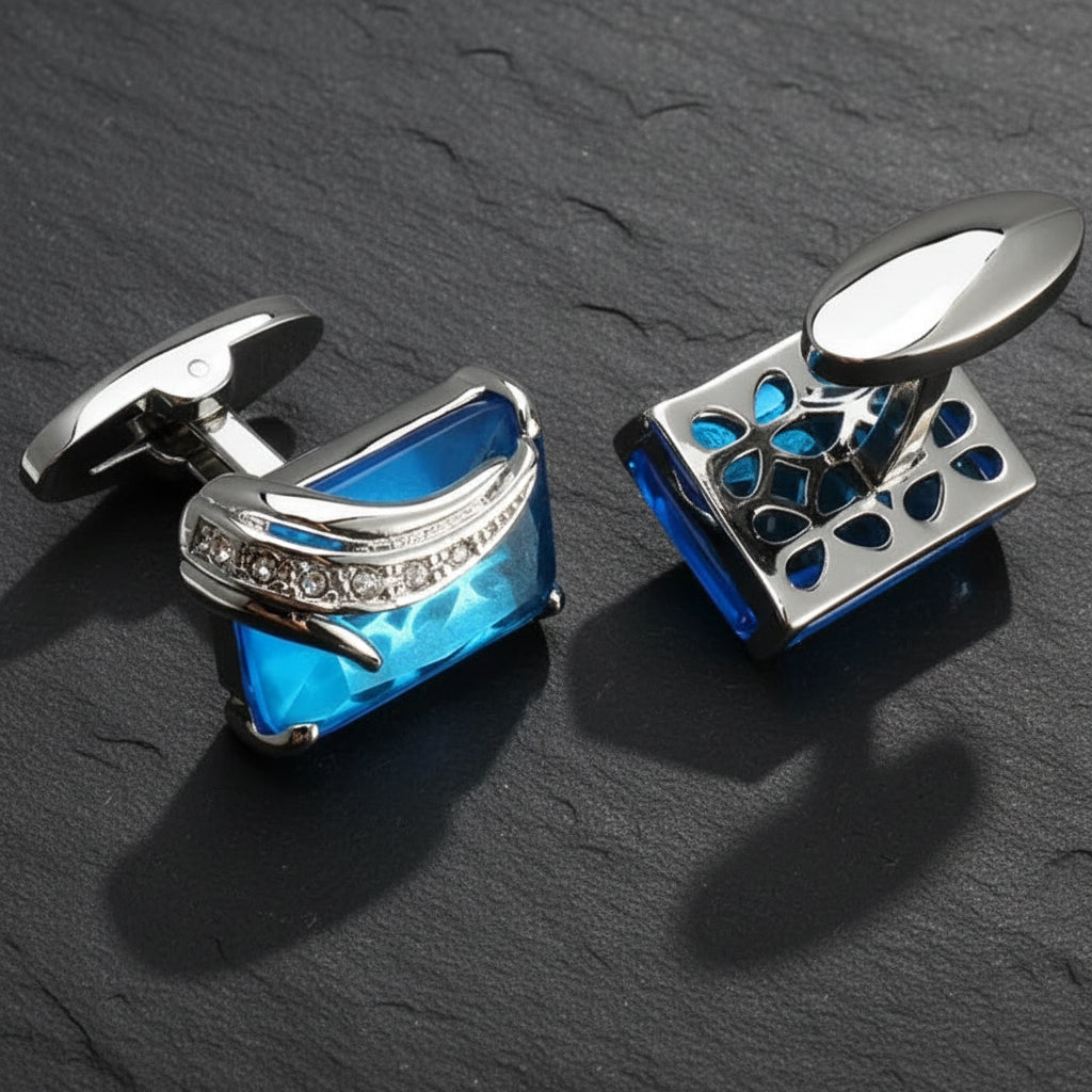 Men's Luxurious Gold Crystal Glass Rectangle Cufflinks with Rhinestone Accents - Lovez Aqua© -