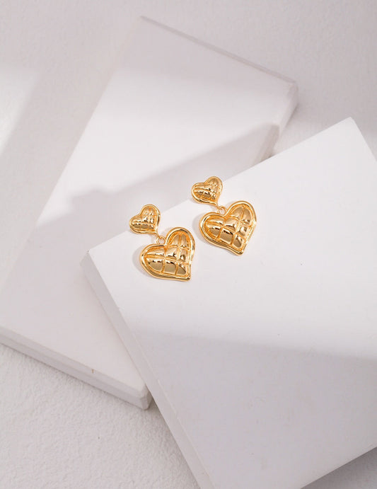 Women's 18ct Gold Vermeil Quilted Heart Shaped Drop Earrings - Lovez Aqua© - Default Title