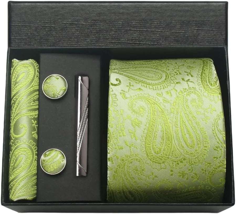 Men's Luxury Silk Paisley Floral Necktie, Pocket Square, Clip & Cufflinks Set - Lovez Aqua© - BB18