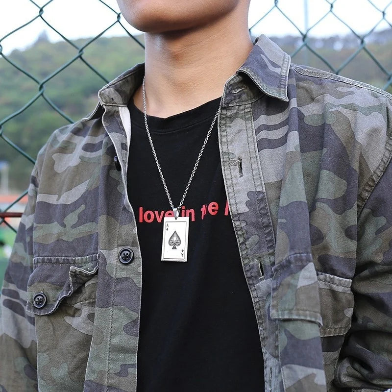 Men's Ace of Spades Poker Card Stainless Steel Dog Tag Necklace - Lovez Aqua© -