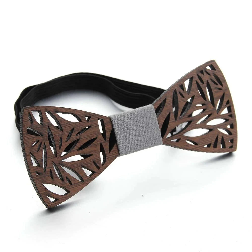 Men's Retro Dark Floral Hollow Carved Bamboo Wood Bowtie - Lovez Aqua© - Design 2