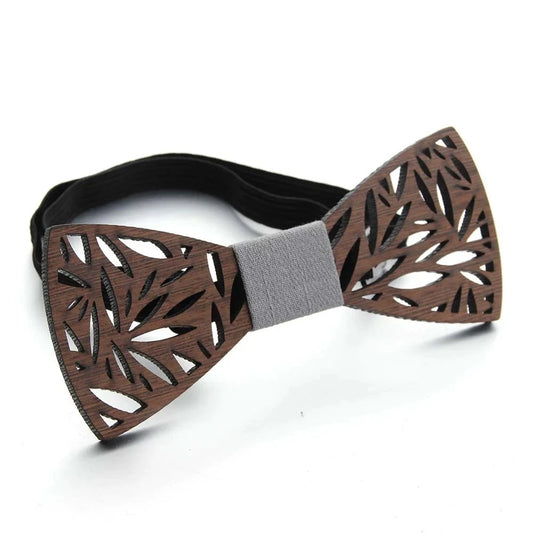 Men's Retro Dark Floral Hollow Carved Bamboo Wood Bowtie - Lovez Aqua© - Design 2