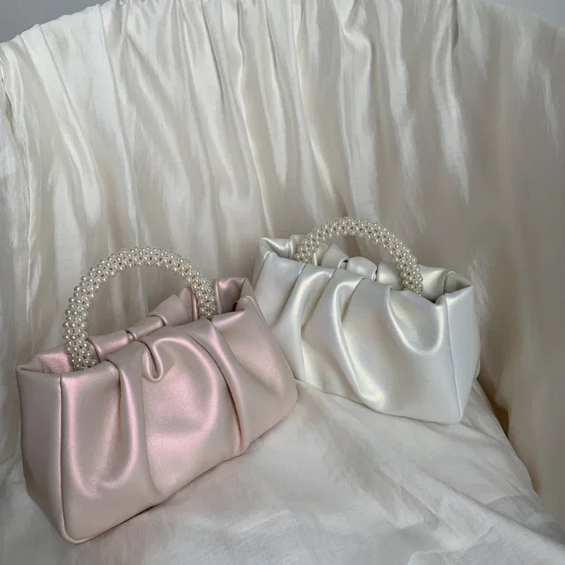 Elegant Classic Ruffled Faux Leather Handbag with Pearl Handle - Lovez Aqua© -