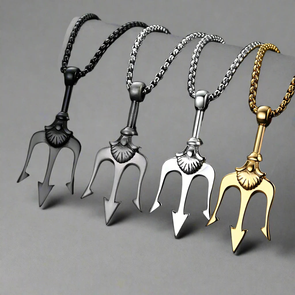 Men's Stainless Steel Punk Rock Neptune Trident Pendant Necklace - Lovez Aqua© -
