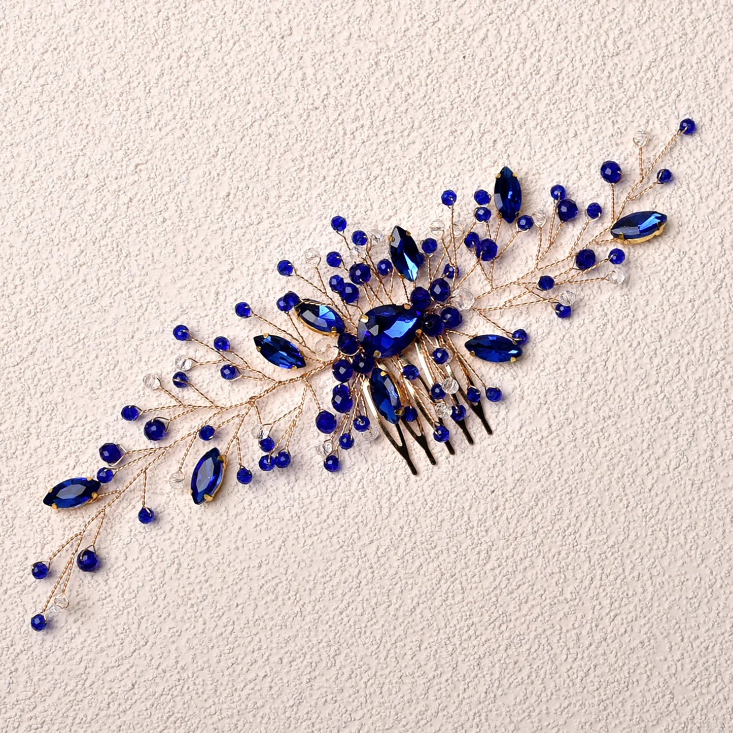 Delicate Women's Rhinestone Encrusted Hair Comb With Crystal Flowers - Lovez Aqua© - Blue1