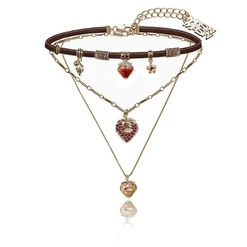 Women's Gothic Faux Leather Choker Necklace/Earrings with Gold Strawberry Charms - Lovez Aqua© -