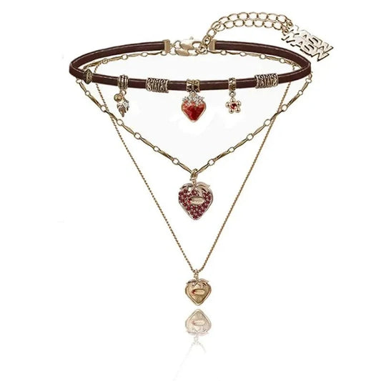 Women's Gothic Faux Leather Choker Necklace/Earrings with Gold Strawberry Charms - Lovez Aqua© -
