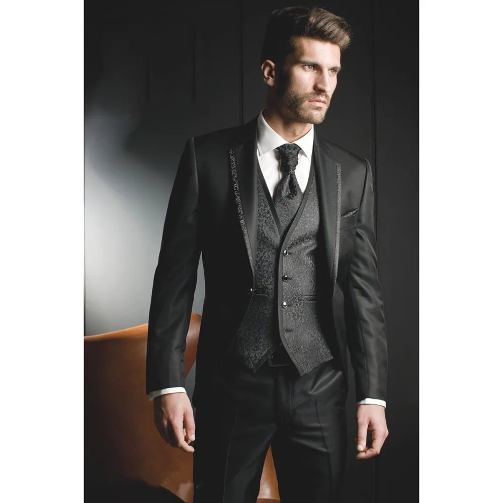 Men's Shiny Metallic Embroidered 3 Piece Suit Set (Jacket, Pants & Vest) - Lovez Aqua© - Black / XS