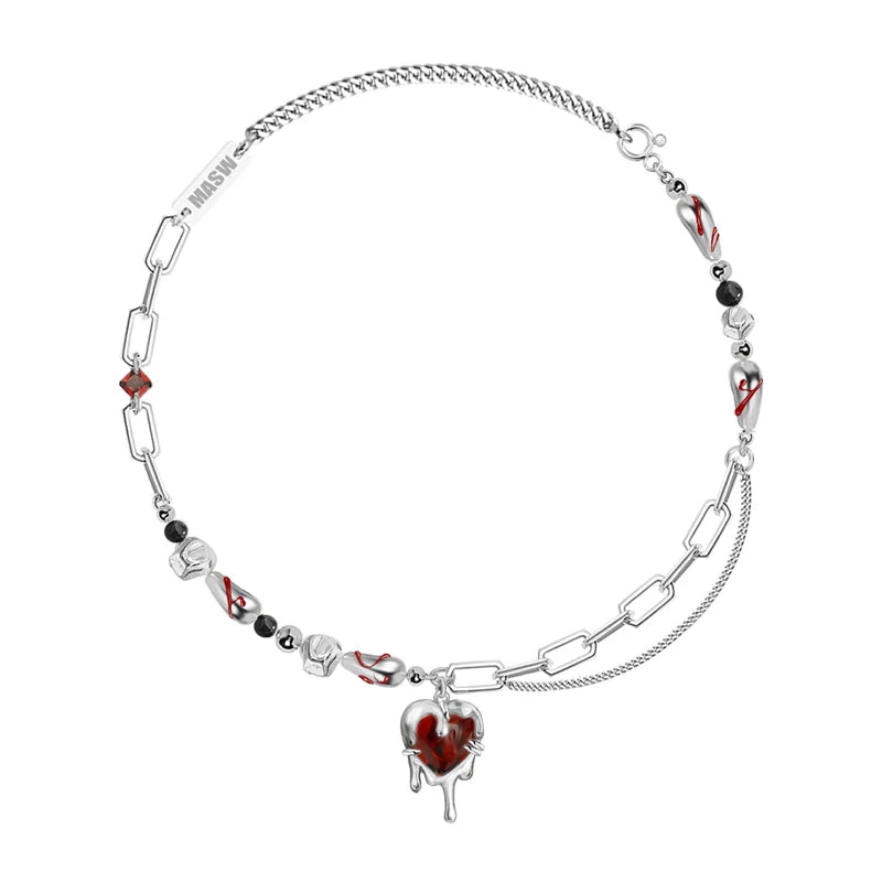 Women's Red Heart Dripping Gold Crystal Beaded Silver Chain Necklace - Lovez Aqua© -