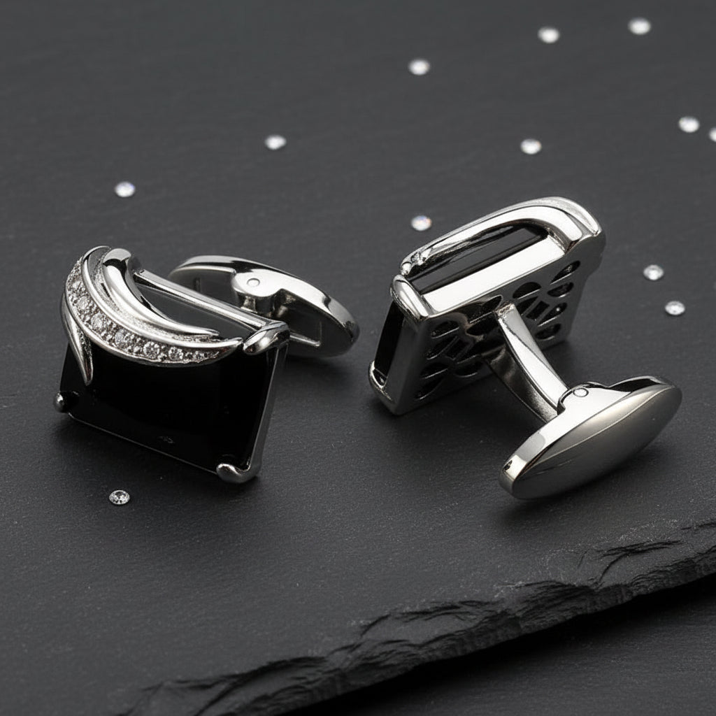 Men's Luxurious Gold Crystal Glass Rectangle Cufflinks with Rhinestone Accents - Lovez Aqua© - Light Yellow Gold