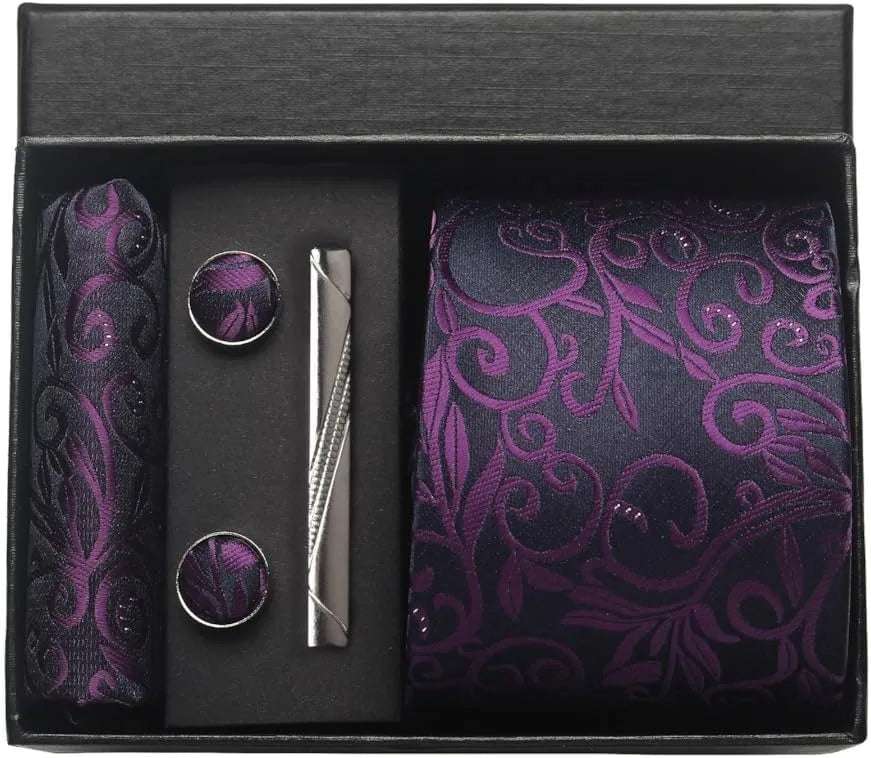 Men's Luxury Silk Paisley Floral Necktie, Pocket Square, Clip & Cufflinks Set - Lovez Aqua© - BV1