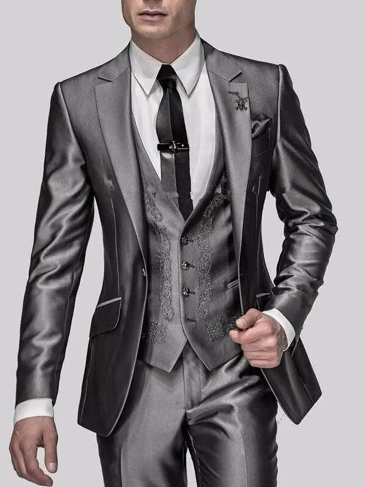 Men's Shiny Metallic Embroidered 3 Piece Suit Set (Jacket, Pants & Vest) - Lovez Aqua© - Gray 3 / XS