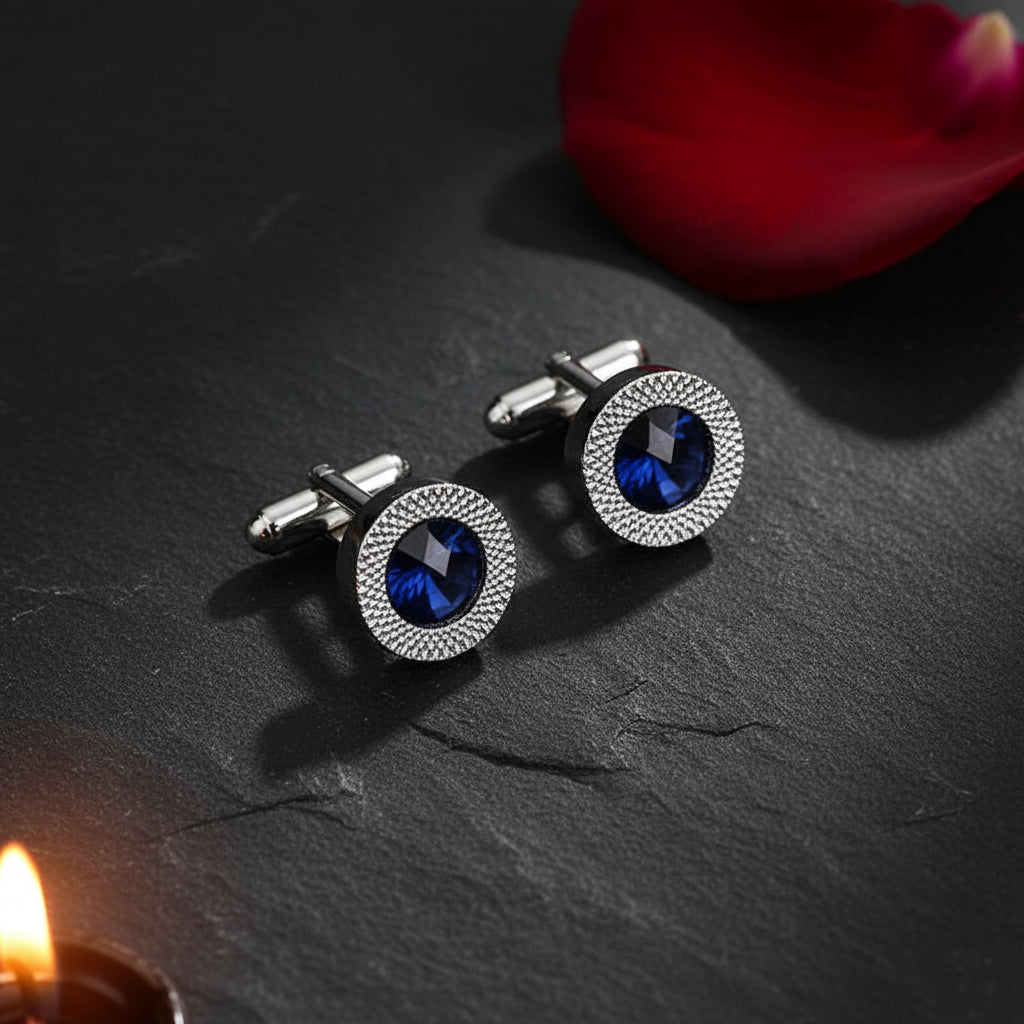 Men's Silver & Imitation Sapphire Blue Crystal Round Embossed Cufflinks - Lovez Aqua© -