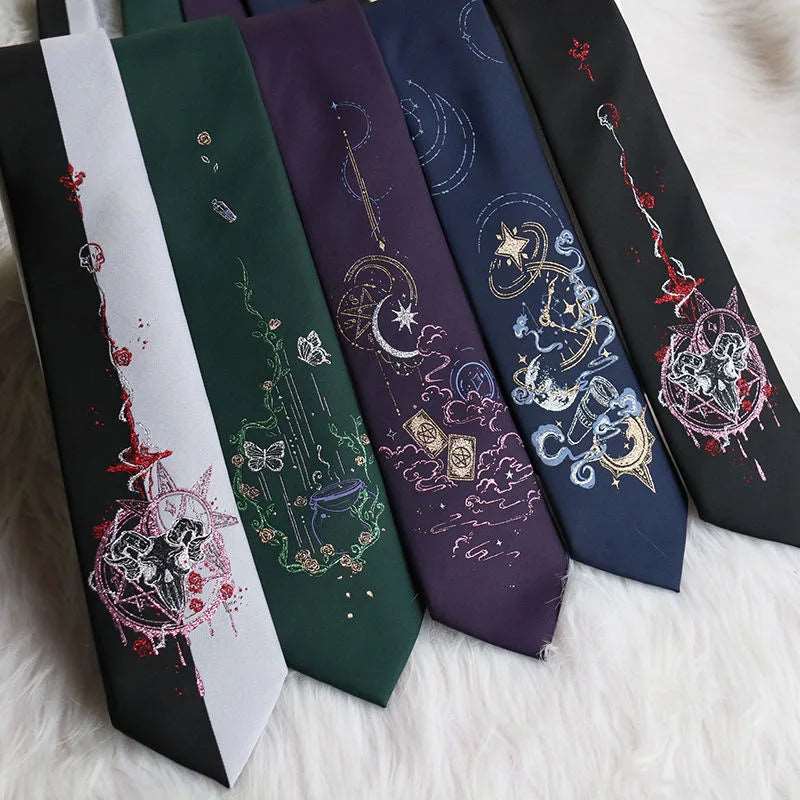 Night Gothic Dark Magic Japanese Style Detailed Illustrated Men's Necktie - Lovez Aqua© -