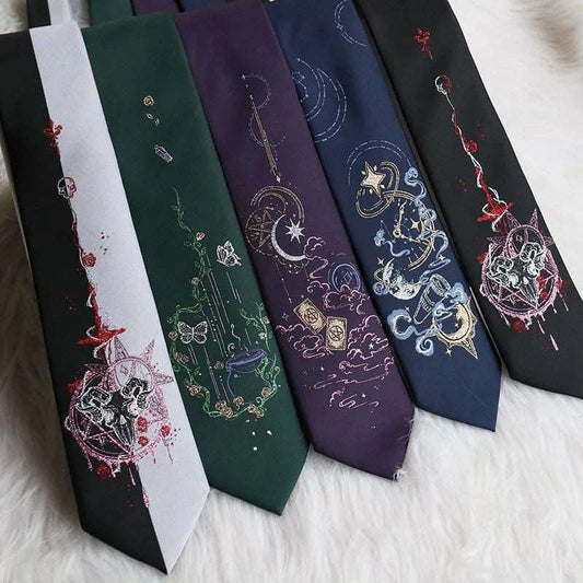 Night Gothic Dark Magic Japanese Style Detailed Illustrated Men's Necktie - Lovez Aqua© -