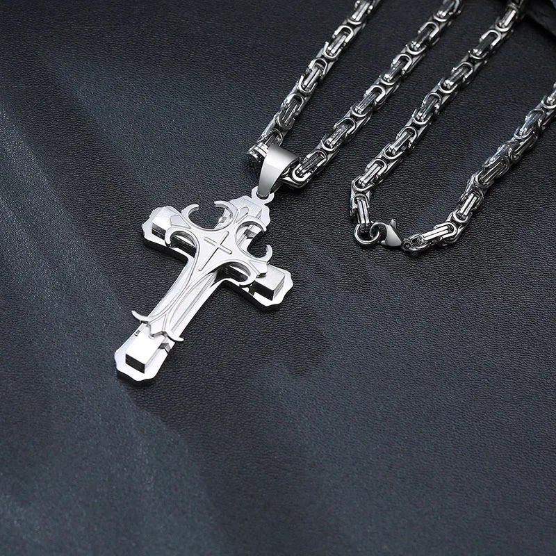 Men's Stainless Steel Religious Cross Pendant Necklace With Byzantine Chain - Lovez Aqua© - 2
