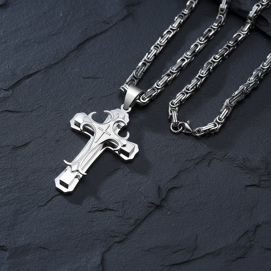 Men's Stainless Steel Religious Cross Pendant Necklace With Byzantine Chain - Lovez Aqua© - 2