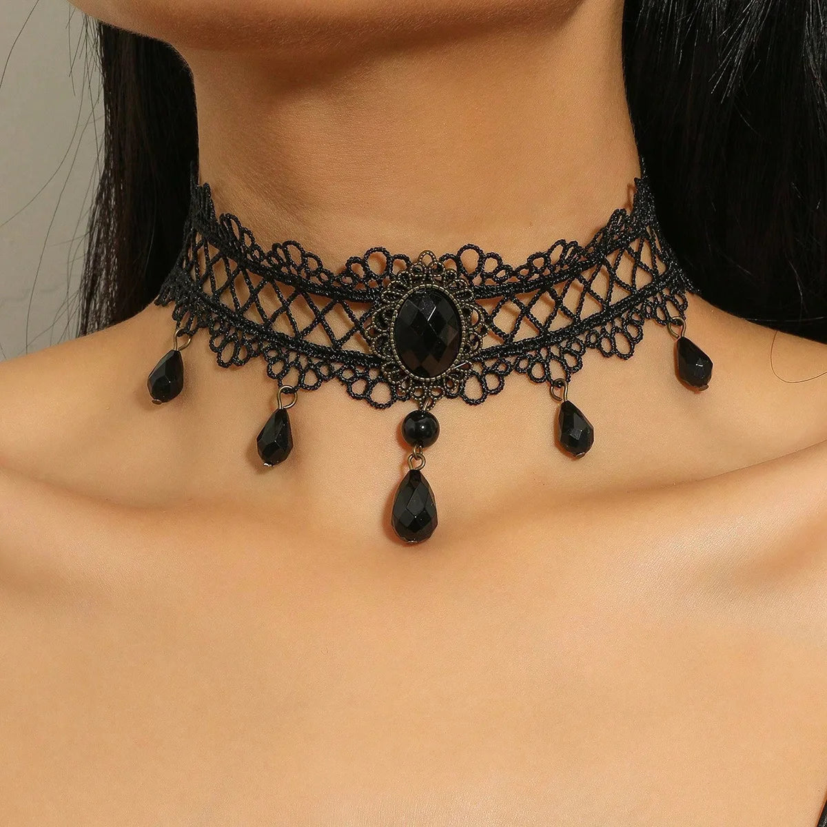 Women's Vintage Classic Gothic Black Lace Choker with Rhinestone Accents - Lovez Aqua© - 2