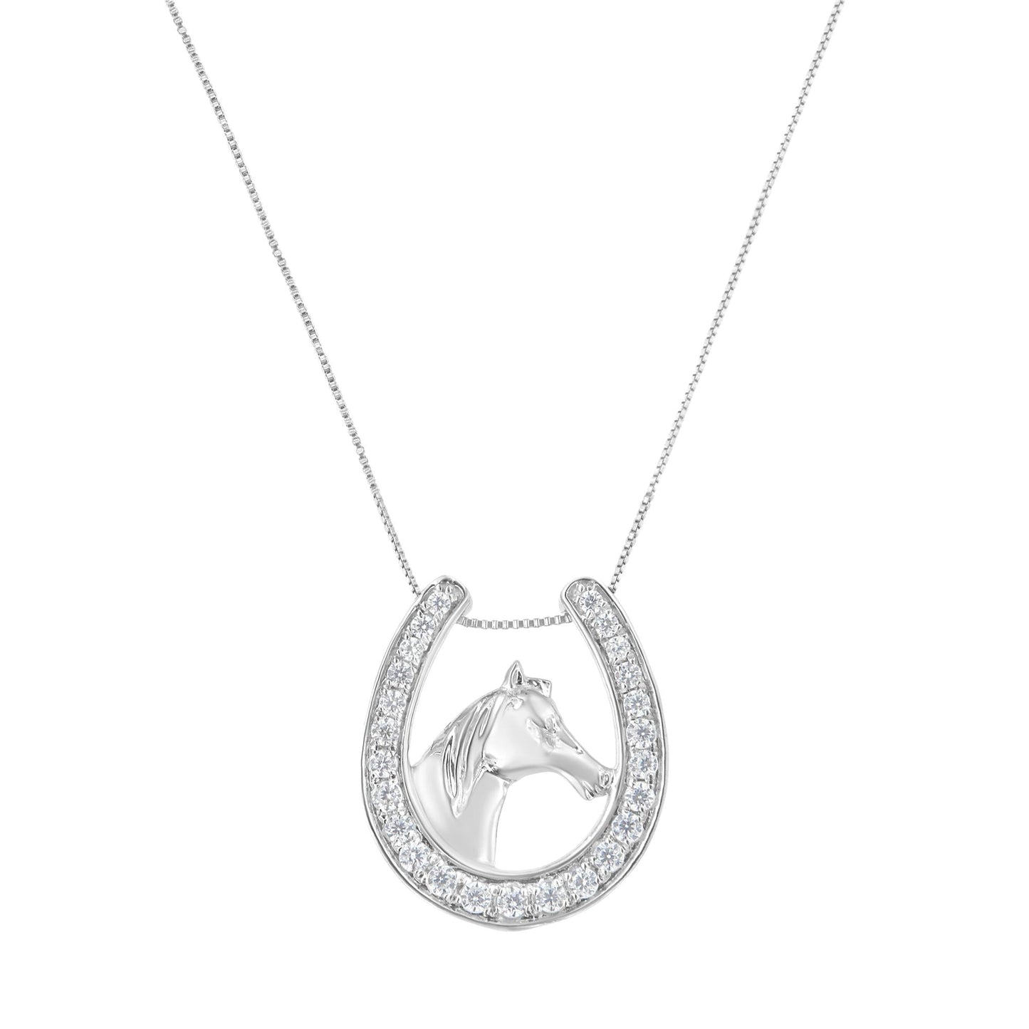 Women's Sterling Silver Equestrian Horse & Diamond Horse Shoe Pendant Necklace - Lovez Aqua© -
