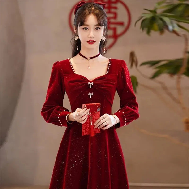 Burgundy Glitter Velvet Evening Gown with Square Neckline & Puff Sleeves - Lovez Aqua© -