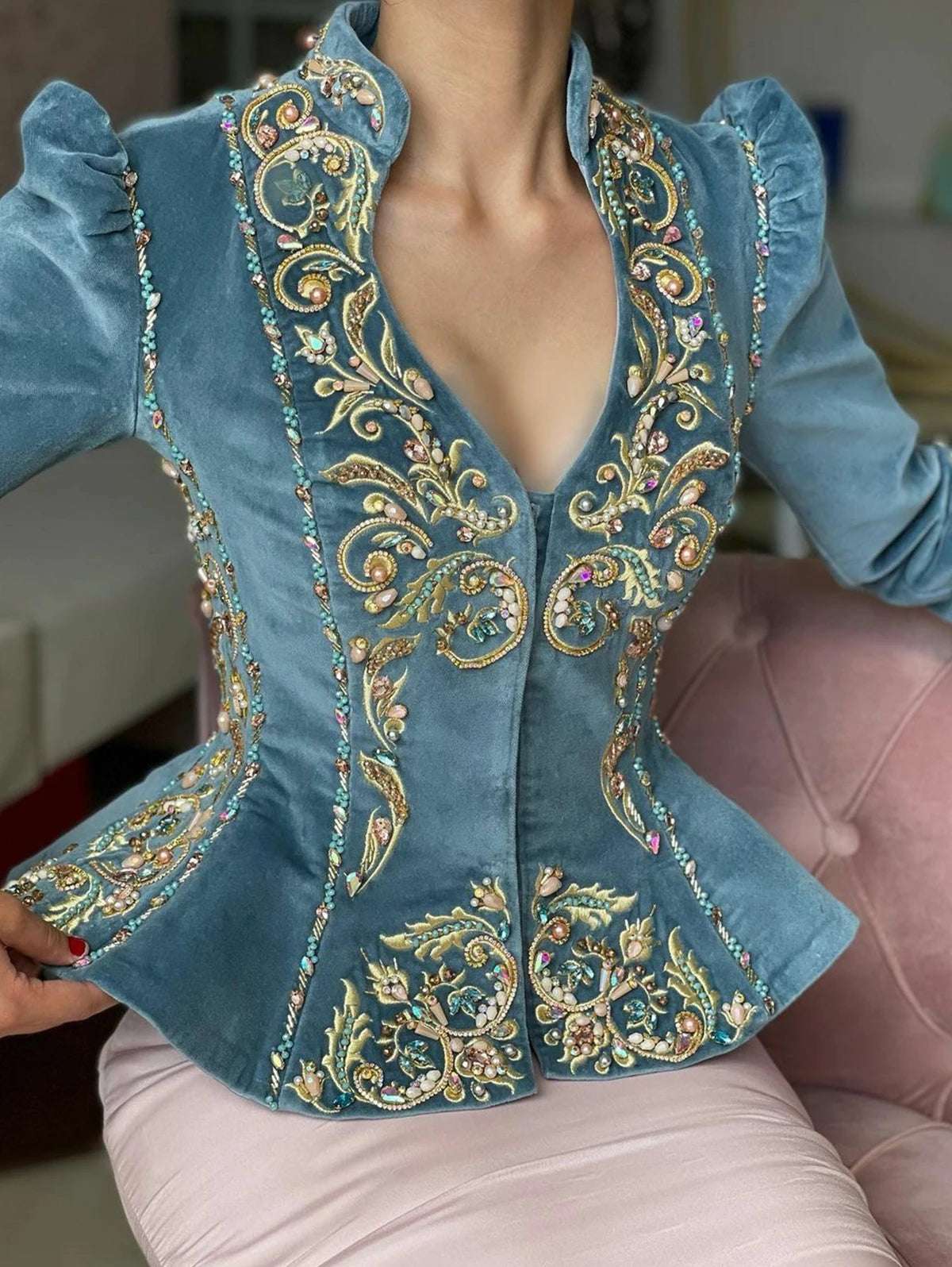 Women's Elegant Floral Gold Embroidered V-Neck Vintage Velvet Peplum Blouse - Lovez Aqua© - Blue / S