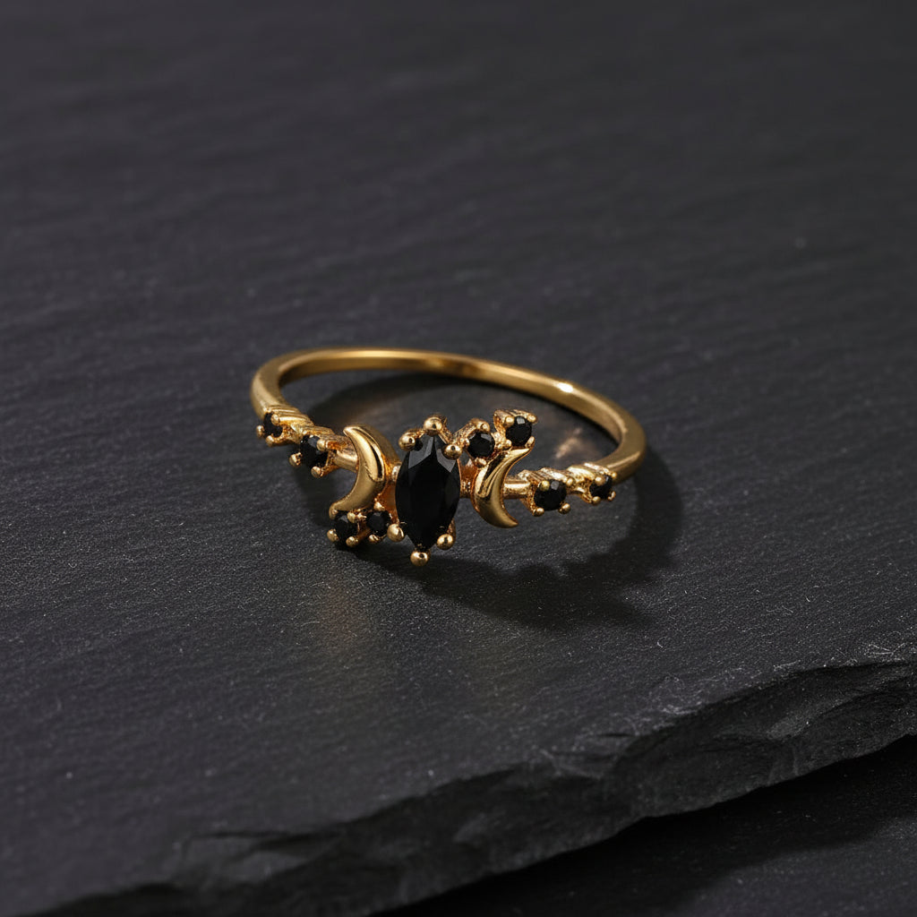Women's Black Zircon & Stainless Steel Half Moon Ring With Embellishments - Lovez Aqua© -