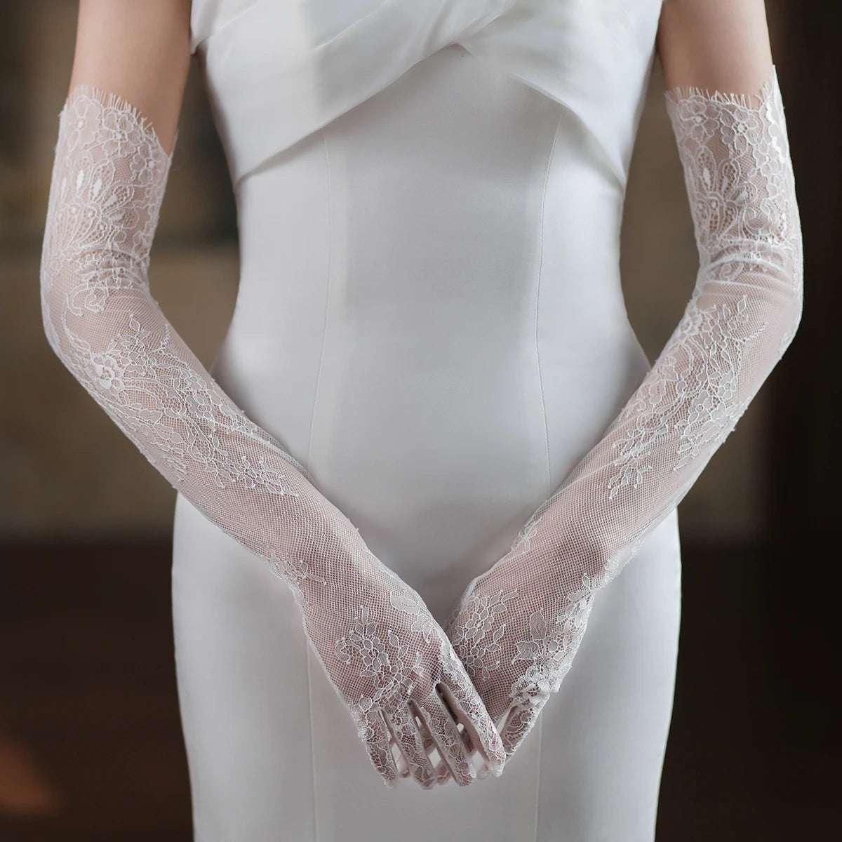 Women's White Long Eyelash Edge Appliquéd Lace Bridal Wedding Gloves - Lovez Aqua© -