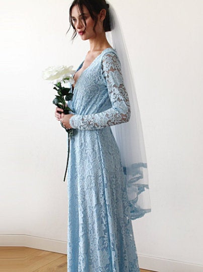 Elegant Light Blue Soft Tulle Lace Edge Bridal Wedding Veil - Lovez Aqua© -