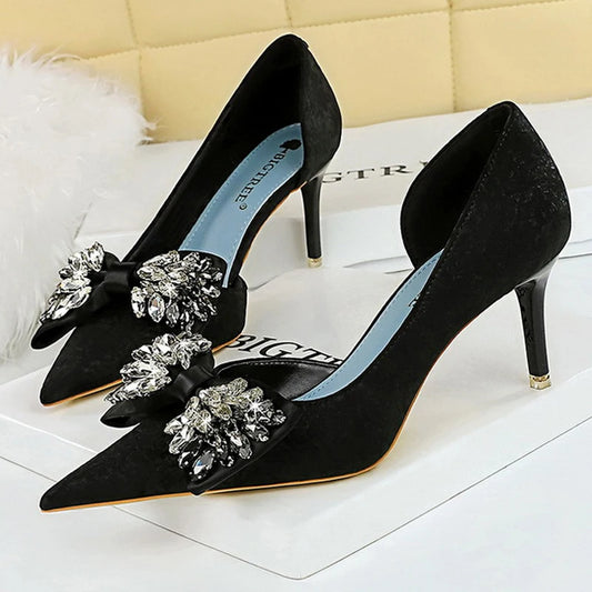 Women's Black Velvet Rhinestone Bow Pointed Toe Stiletto High Heels - Lovez Aqua© - Black-7.5cm / 42
