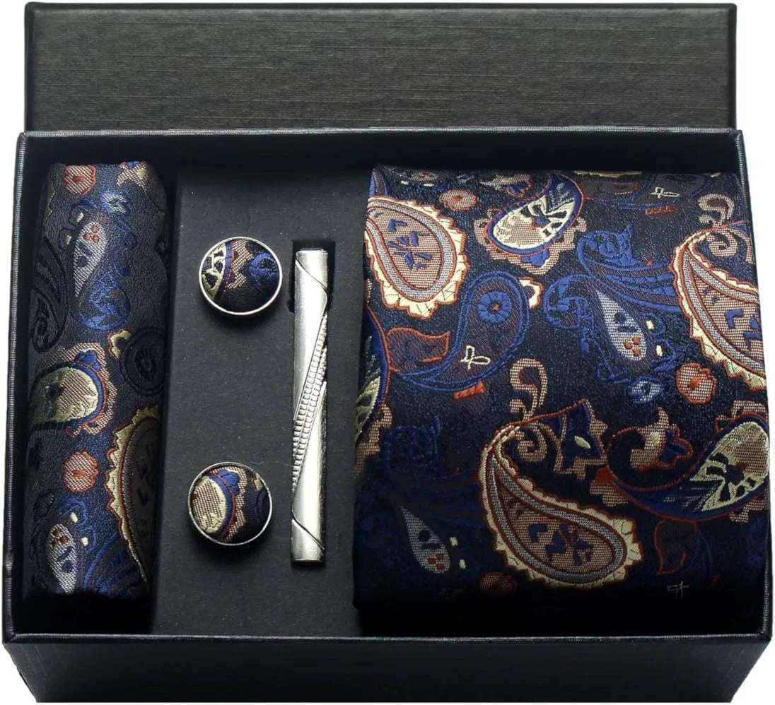 Men's Luxury Silk Paisley Floral Necktie, Pocket Square, Clip & Cufflinks Set - Lovez Aqua© - BF2
