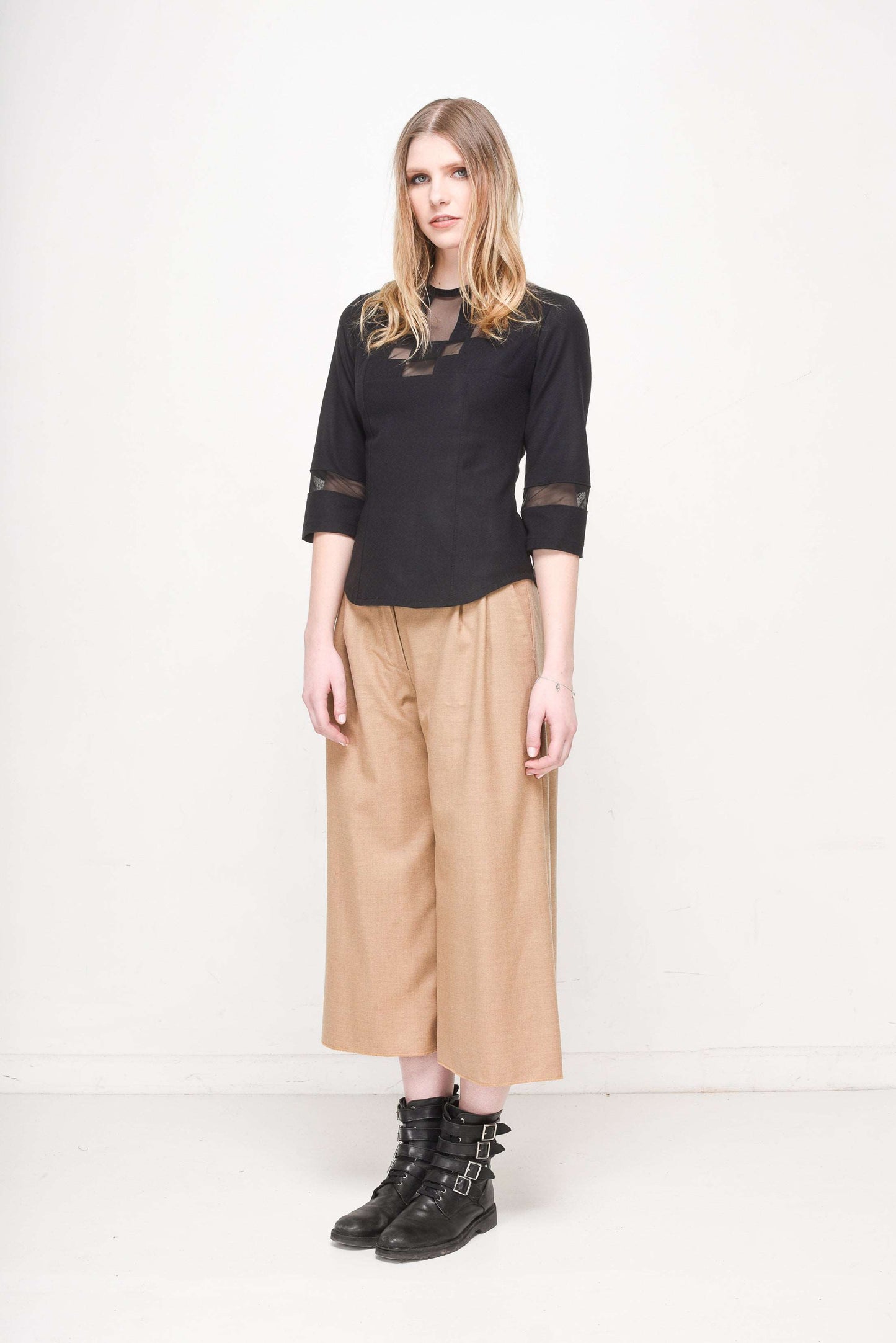 Women's Elegant Blouse with Sheer Panel Detailing, Round Neckline & 3/4 Sleeves - Lovez Aqua© -