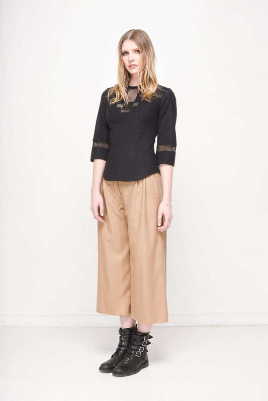 Women's Elegant Blouse with Sheer Panel Detailing, Round Neckline & 3/4 Sleeves - Lovez Aqua© -