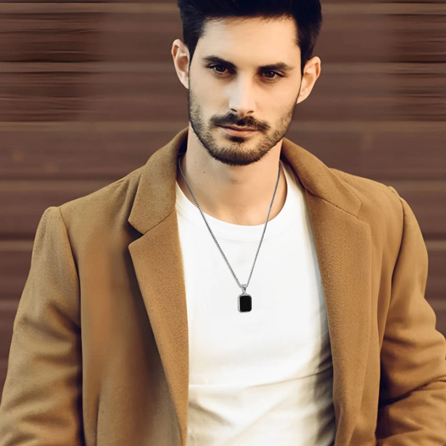 Men's Modern Geometric Stainless Steel Black Onyx Rectangle Necklace - Lovez Aqua© -