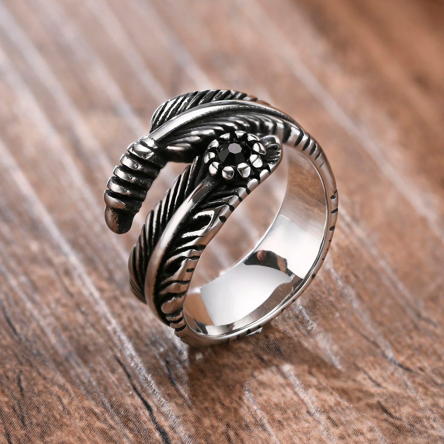 Men's Retro Antique Vintage Stainless Steel Feather Ring - Lovez Aqua© - 1 / 8