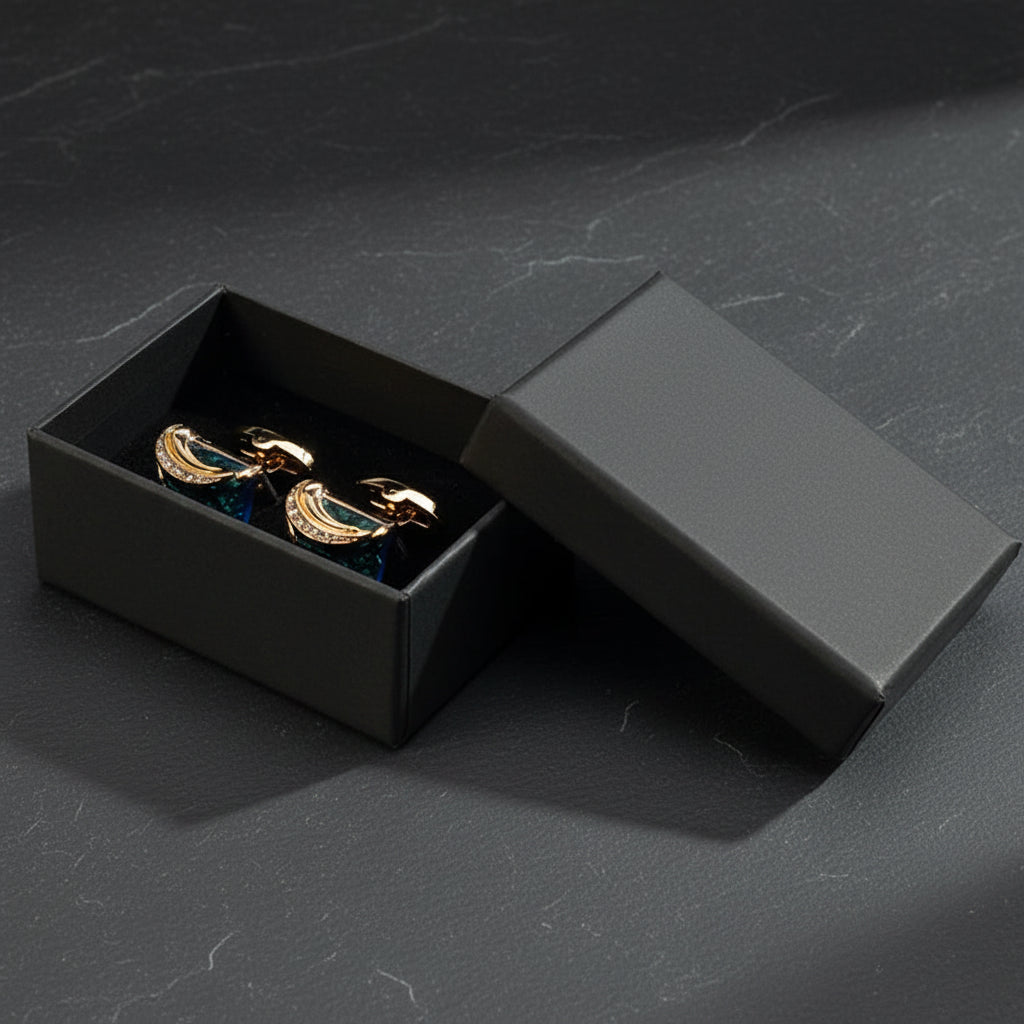 Men's Luxurious Gold Crystal Glass Rectangle Cufflinks with Rhinestone Accents - Lovez Aqua© - Blue Zinc