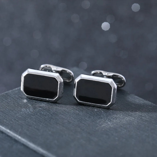 Men's French Style Angular Rectangle Formal Black & Silver Cufflinks - Lovez Aqua© -