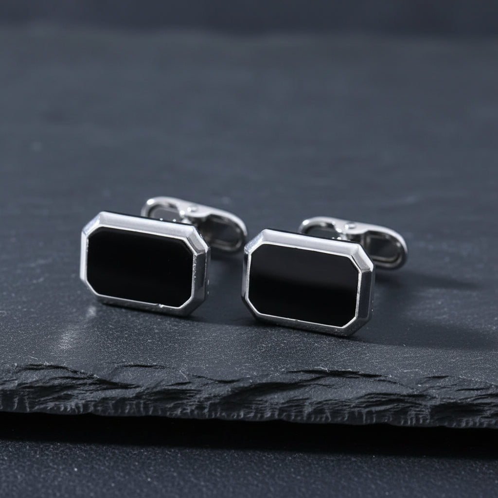 Men's French Style Angular Rectangle Formal Black & Silver Cufflinks - Lovez Aqua© -