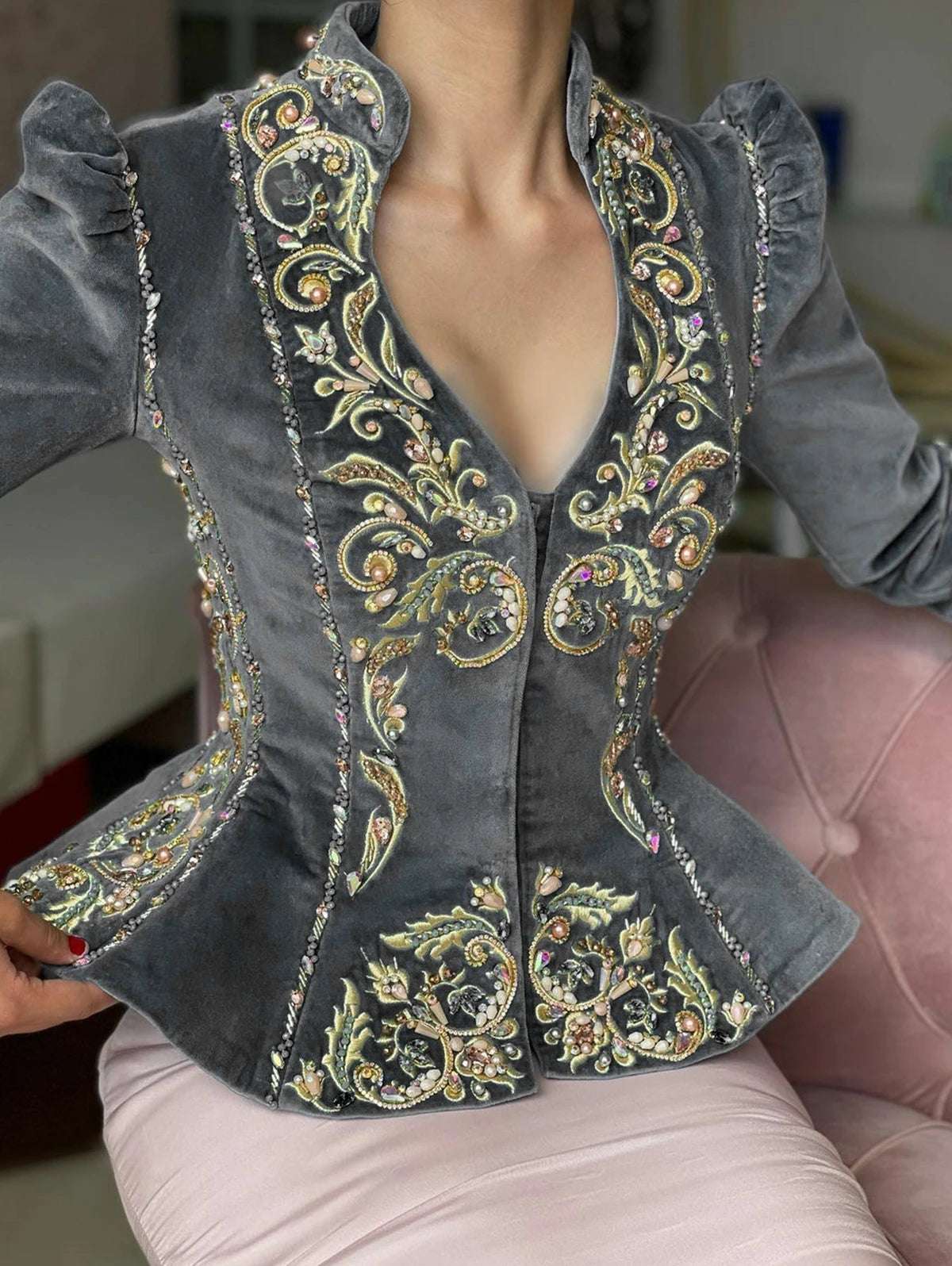 Women's Elegant Floral Gold Embroidered V-Neck Vintage Velvet Peplum Blouse - Lovez Aqua© - Gray / S